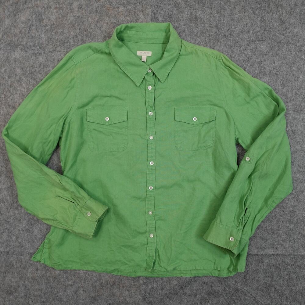 Talbots Top Womens Large Linen Beachy Lagenlook Button Front Roll Tab Sleeve